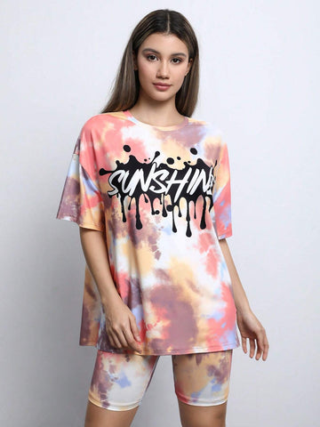 Tie Dye Letter Graphic Drop Shoulder Tee & Biker Shorts