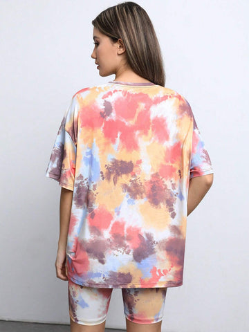 Tie Dye Letter Graphic Drop Shoulder Tee & Biker Shorts
