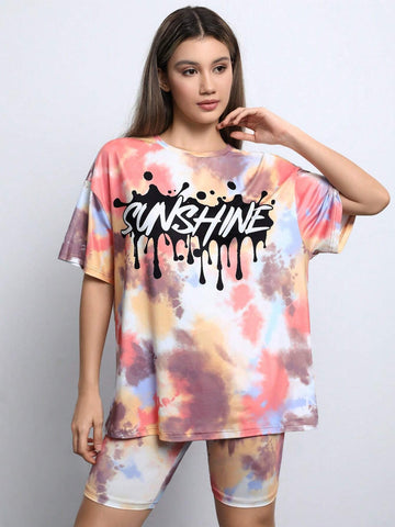Tie Dye Letter Graphic Drop Shoulder Tee & Biker Shorts