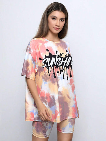 Tie Dye Letter Graphic Drop Shoulder Tee & Biker Shorts