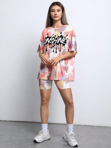 Tie Dye Letter Graphic Drop Shoulder Tee & Biker Shorts