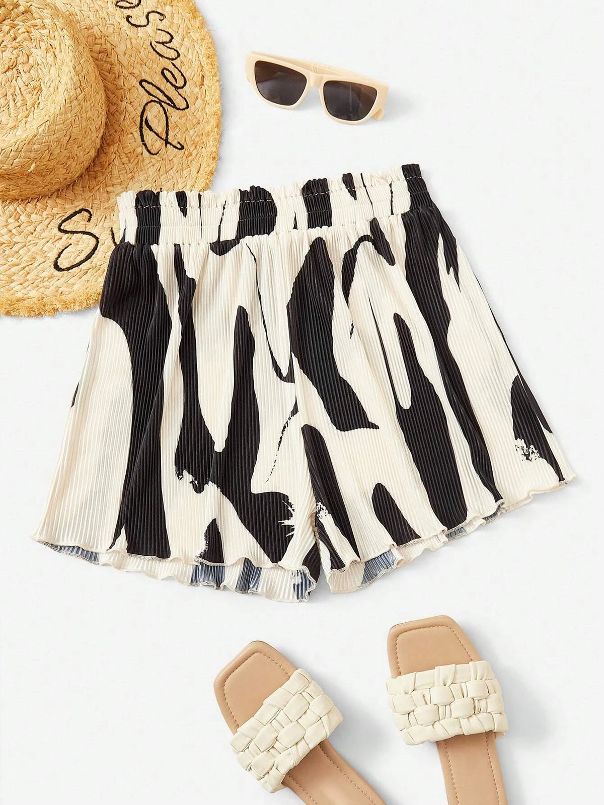 Unity Graphic Print Paperbag Waist Plisse Shorts