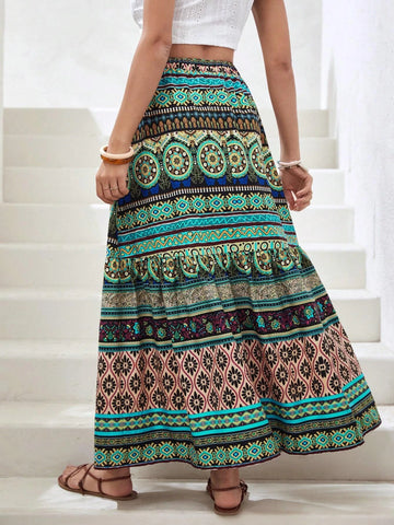 VCAY Floral & Paisley Print Tassel Tie Waist Ruffle Hem Skirt