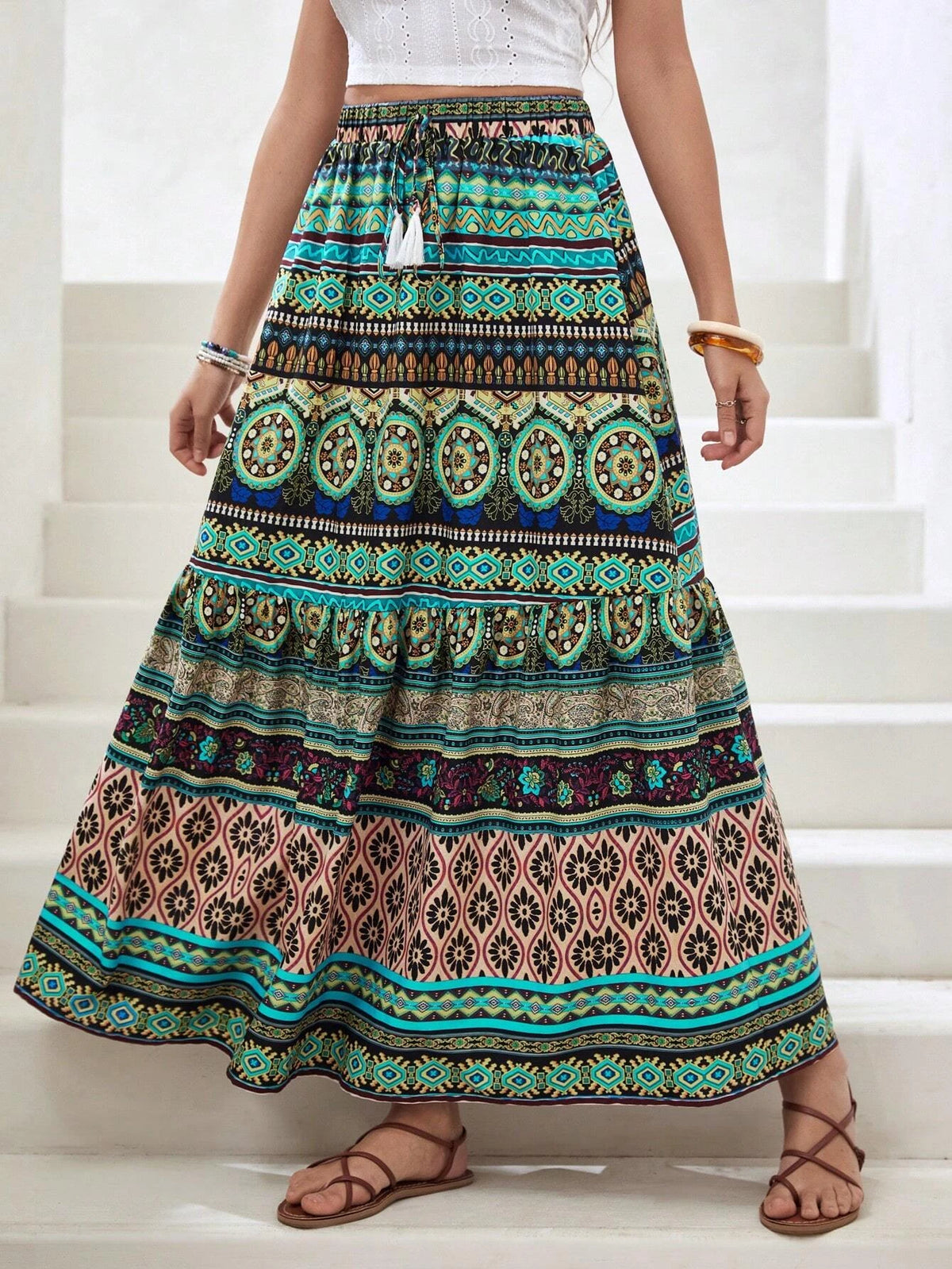 VCAY Floral & Paisley Print Tassel Tie Waist Ruffle Hem Skirt