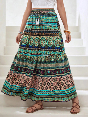 VCAY Floral & Paisley Print Tassel Tie Waist Ruffle Hem Skirt