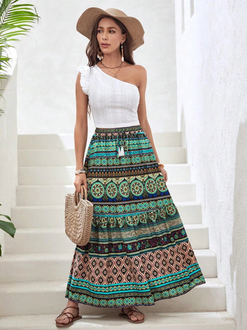 VCAY Floral & Paisley Print Tassel Tie Waist Ruffle Hem Skirt