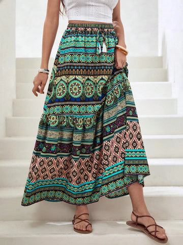 VCAY Floral & Paisley Print Tassel Tie Waist Ruffle Hem Skirt