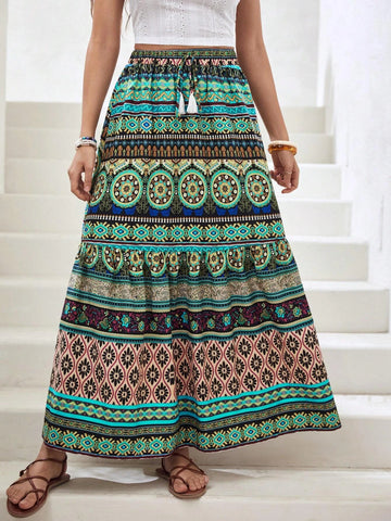 VCAY Floral & Paisley Print Tassel Tie Waist Ruffle Hem Skirt