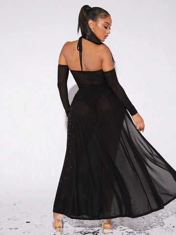 SXY Rhinestone Detail Tie Side Wrap Hem Mesh Skirt