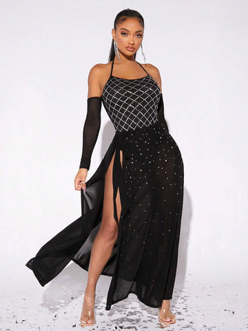 SXY Rhinestone Detail Tie Side Wrap Hem Mesh Skirt