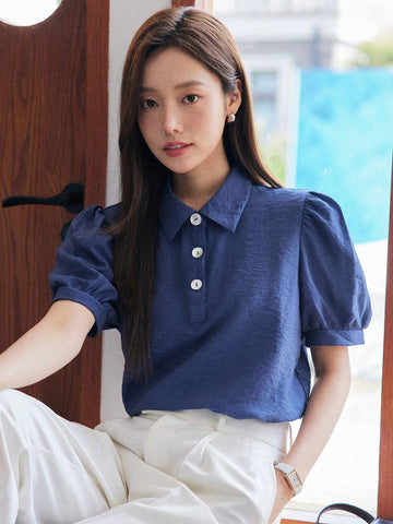 Solid Button Front Puff Sleeve Blouse