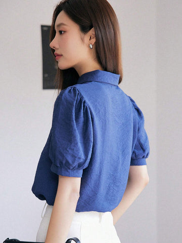 Solid Button Front Puff Sleeve Blouse