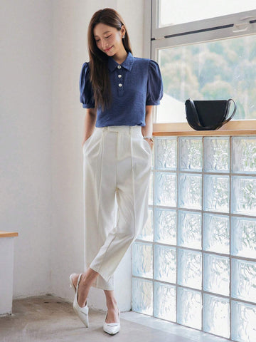 Solid Button Front Puff Sleeve Blouse