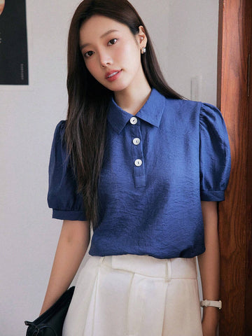 Solid Button Front Puff Sleeve Blouse