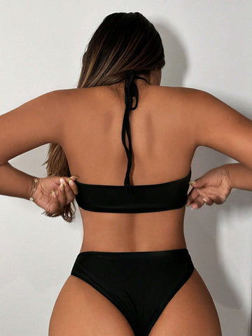Cut Out Tie Backless Halter Bodysuit