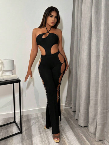 Cut Out Tie Backless Halter Bodysuit