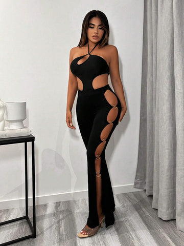 Cut Out Tie Backless Halter Bodysuit