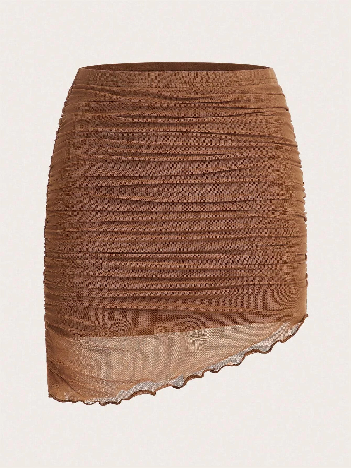 ICON Lettuce Trim Ruched Mesh Overlay Asymmetrical Hem Bodycon Skirt