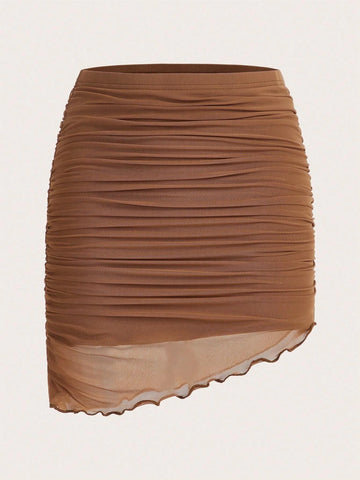 ICON Lettuce Trim Ruched Mesh Overlay Asymmetrical Hem Bodycon Skirt