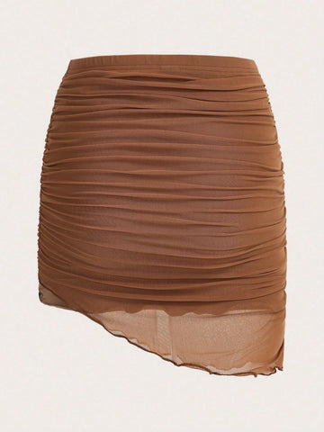 ICON Lettuce Trim Ruched Mesh Overlay Asymmetrical Hem Bodycon Skirt