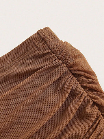 ICON Lettuce Trim Ruched Mesh Overlay Asymmetrical Hem Bodycon Skirt