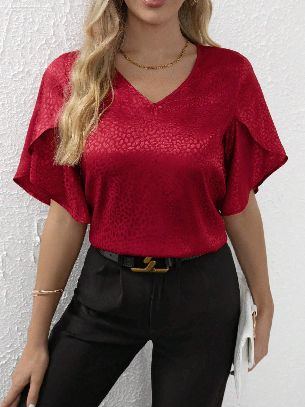 Dalmatian Jacquard Petal Sleeve Satin Blouse