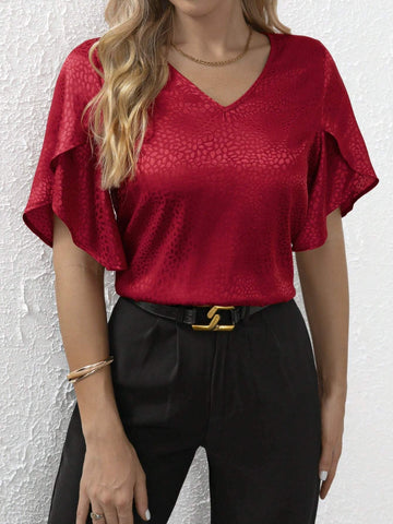 Dalmatian Jacquard Petal Sleeve Satin Blouse