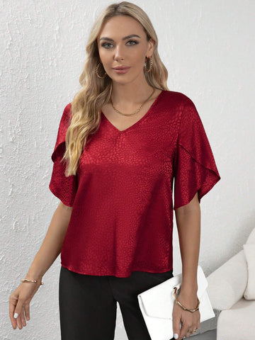 Dalmatian Jacquard Petal Sleeve Satin Blouse