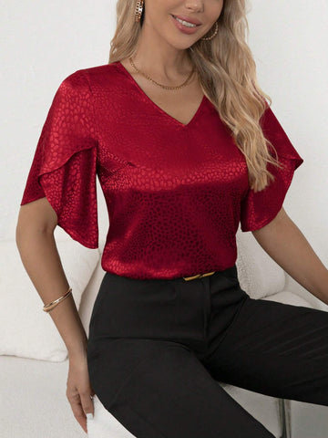 Dalmatian Jacquard Petal Sleeve Satin Blouse