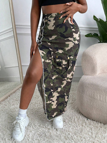 SXY Camo Print Raw Edge Split Thigh Skirt