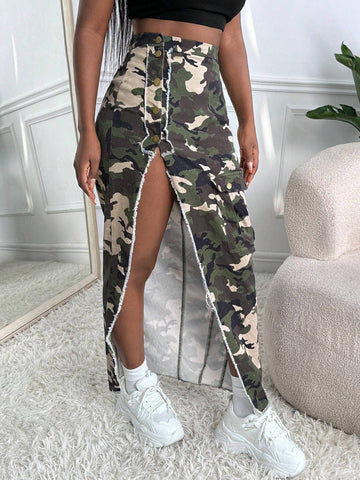 SXY Camo Print Raw Edge Split Thigh Skirt