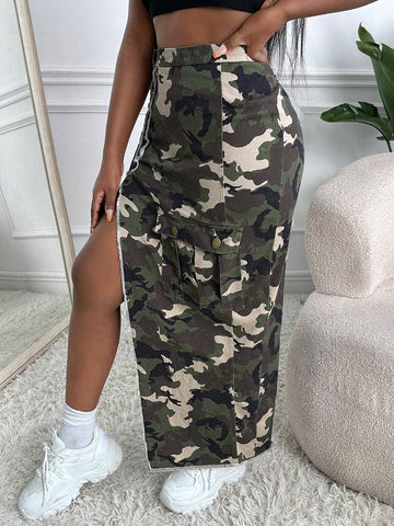 SXY Camo Print Raw Edge Split Thigh Skirt