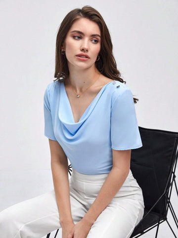 Draped Collar Buttoned Detail Top