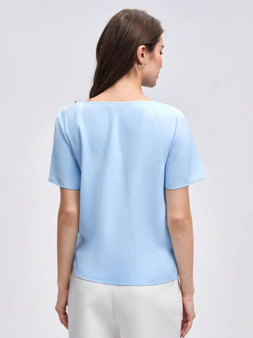Draped Collar Buttoned Detail Top