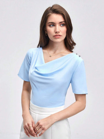 Draped Collar Buttoned Detail Top