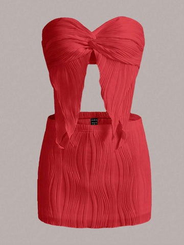 Twist Front Asymmetrical Hem Crop Tube Top & Bodycon Skirt