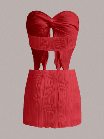 Twist Front Asymmetrical Hem Crop Tube Top & Bodycon Skirt