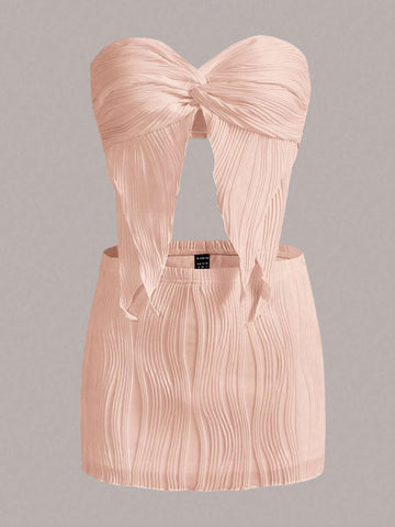 Twist Front Asymmetrical Hem Crop Tube Top & Bodycon Skirt