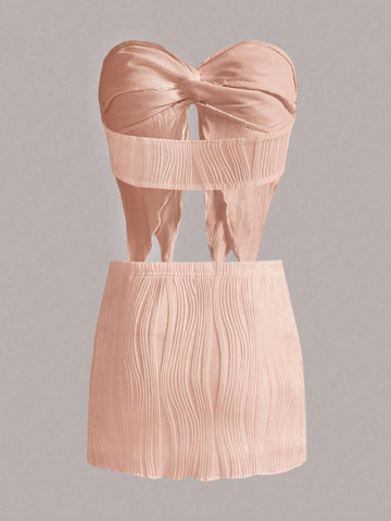 Twist Front Asymmetrical Hem Crop Tube Top & Bodycon Skirt