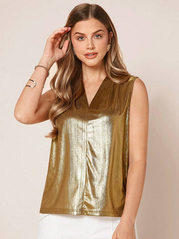 V Neck Metallic Top