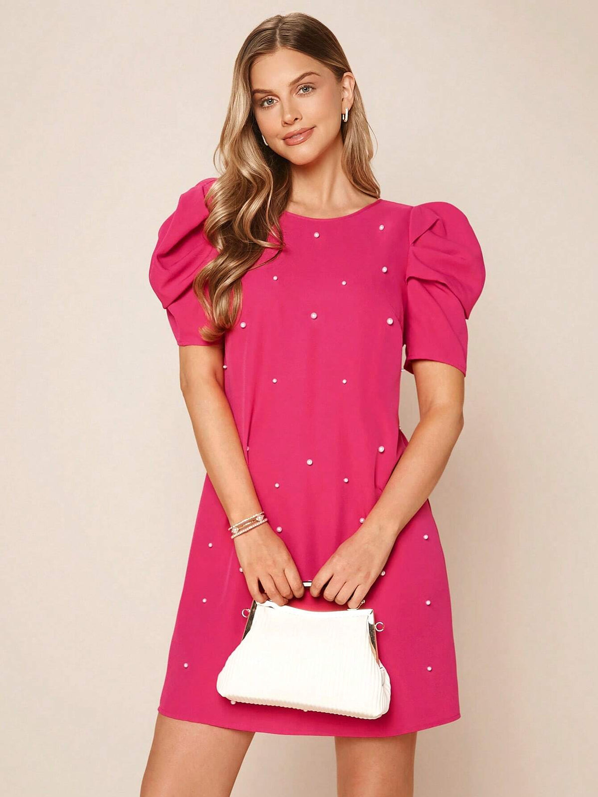 EMERY ROSE Pearls Beaded Puff Sleeve Dress