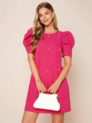EMERY ROSE Pearls Beaded Puff Sleeve Dress