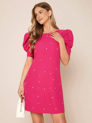 EMERY ROSE Pearls Beaded Puff Sleeve Dress