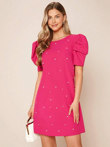 EMERY ROSE Pearls Beaded Puff Sleeve Dress