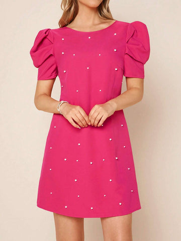 EMERY ROSE Pearls Beaded Puff Sleeve Dress