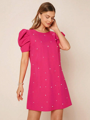 EMERY ROSE Pearls Beaded Puff Sleeve Dress