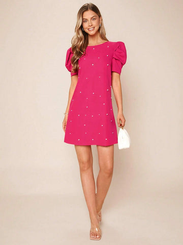 EMERY ROSE Pearls Beaded Puff Sleeve Dress