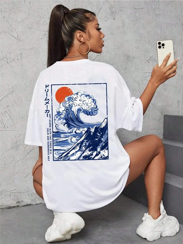 Wave & Japanese Letter Graphic Drop Shoulder Tee