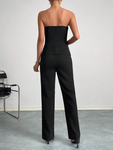 Solid Button Front Tube Top & Pants