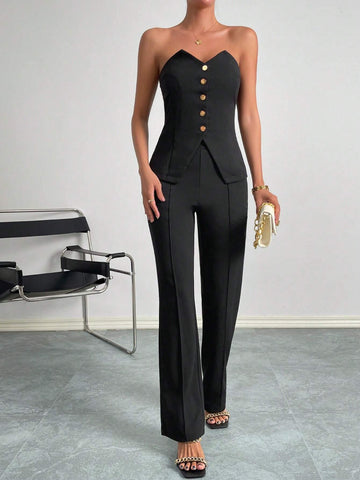 Solid Button Front Tube Top & Pants